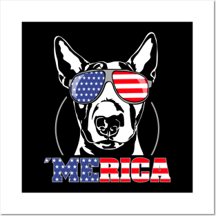 Proud Bull Terrier American Flag Merica dog Posters and Art